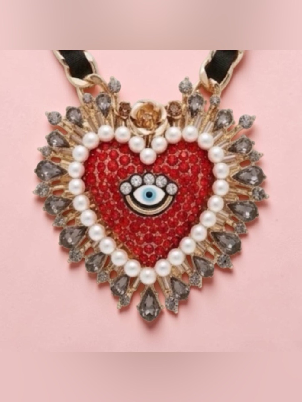 Betsey Johnson Red Crystal Evil Eye Heart Statement Necklace with Pearl Trim - Picture 4 of 16